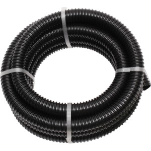Schwarzer Spiralschlauch (Ø 32 mm) zur Entwässerung, aufgerollt und mit Kabelbindern fixiert.