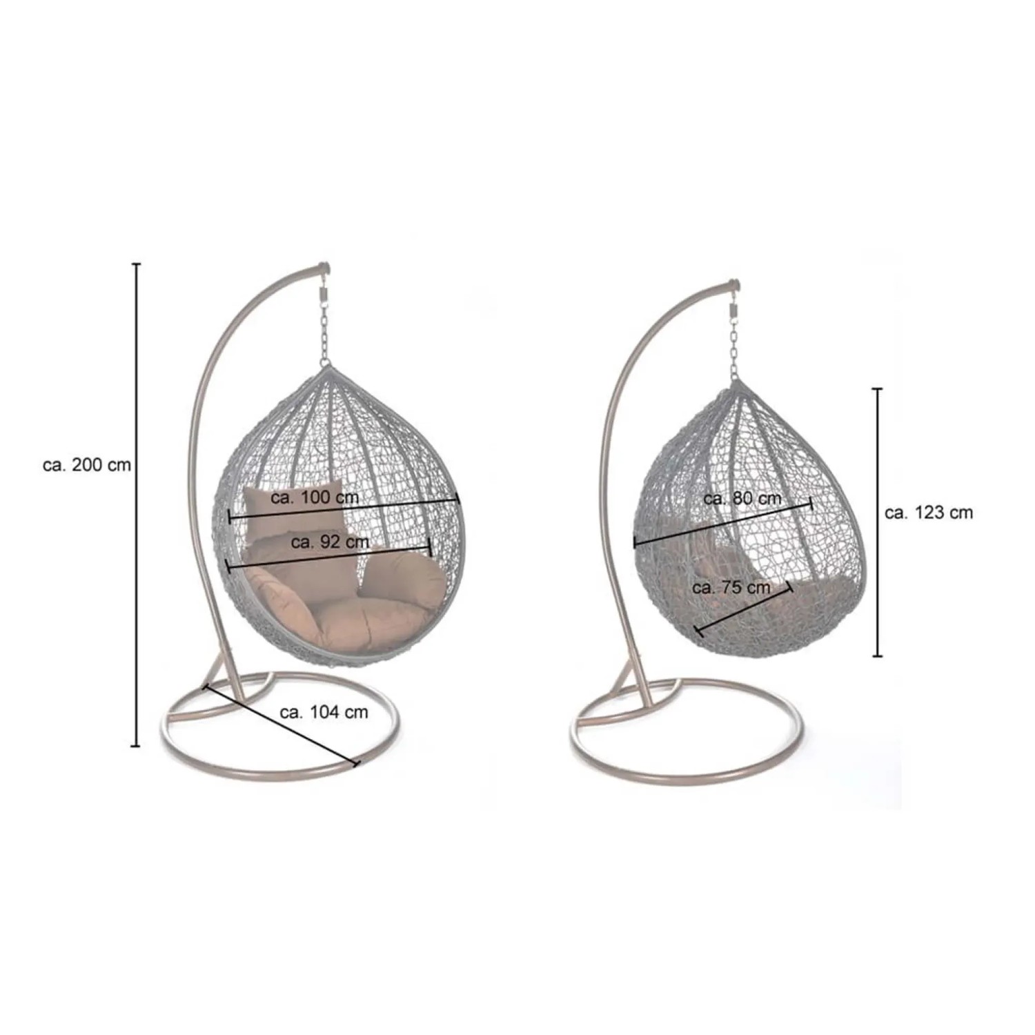 Home Deluxe Hängesessel Cielo, grau, mit Maßen. Polyrattan Hängestuhl mit Gestell und Kissen.