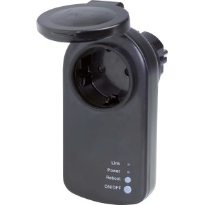 Schwarzer Wifi Stecker Schuko für die Hausfunksteuerung mit geöffneter Schutzkappe.