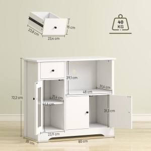 Weißes HOMCOM Küchenschrank Sideboard mit Schublade, offenem Fach und Schrankfächern mit Acryltür. Maße sind eingezeichnet.
