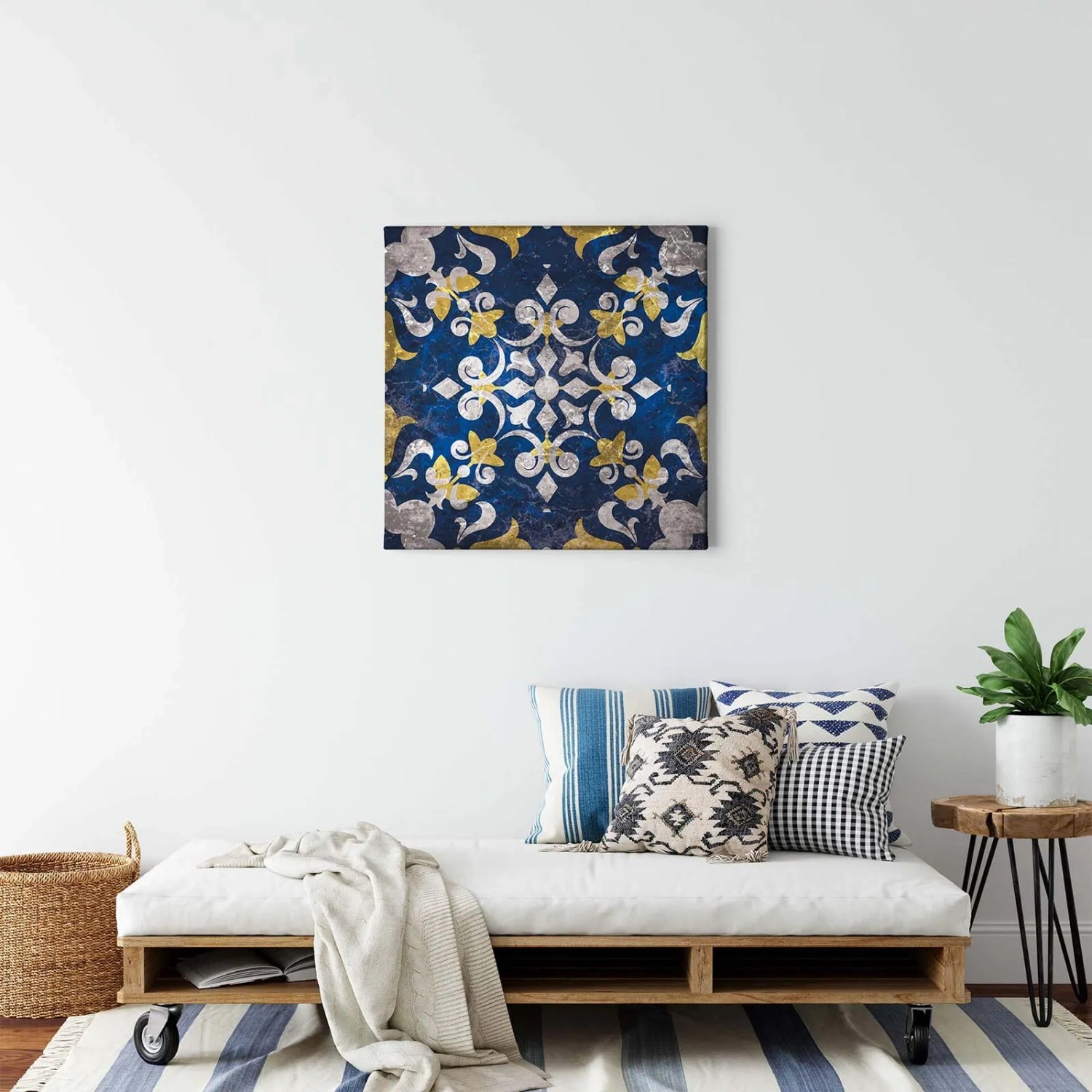 Leinwandbild mit blau-gelbem Ornament im Boho-Stil für die Wanddekoration.