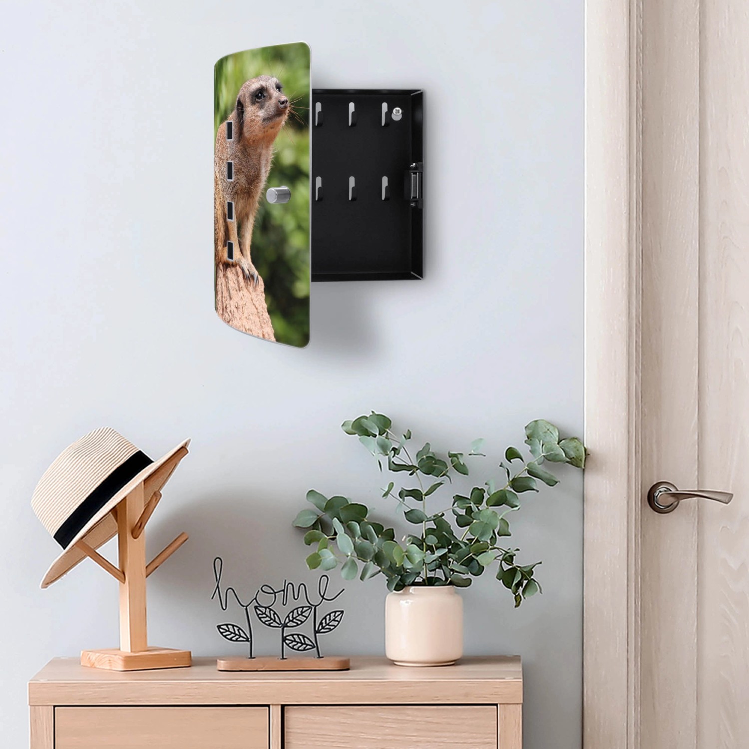 Offener Banjado Design Schlüsselkasten mit Erdmännchen-Motiv aus Edelstahl, 24x21,5x7cm.