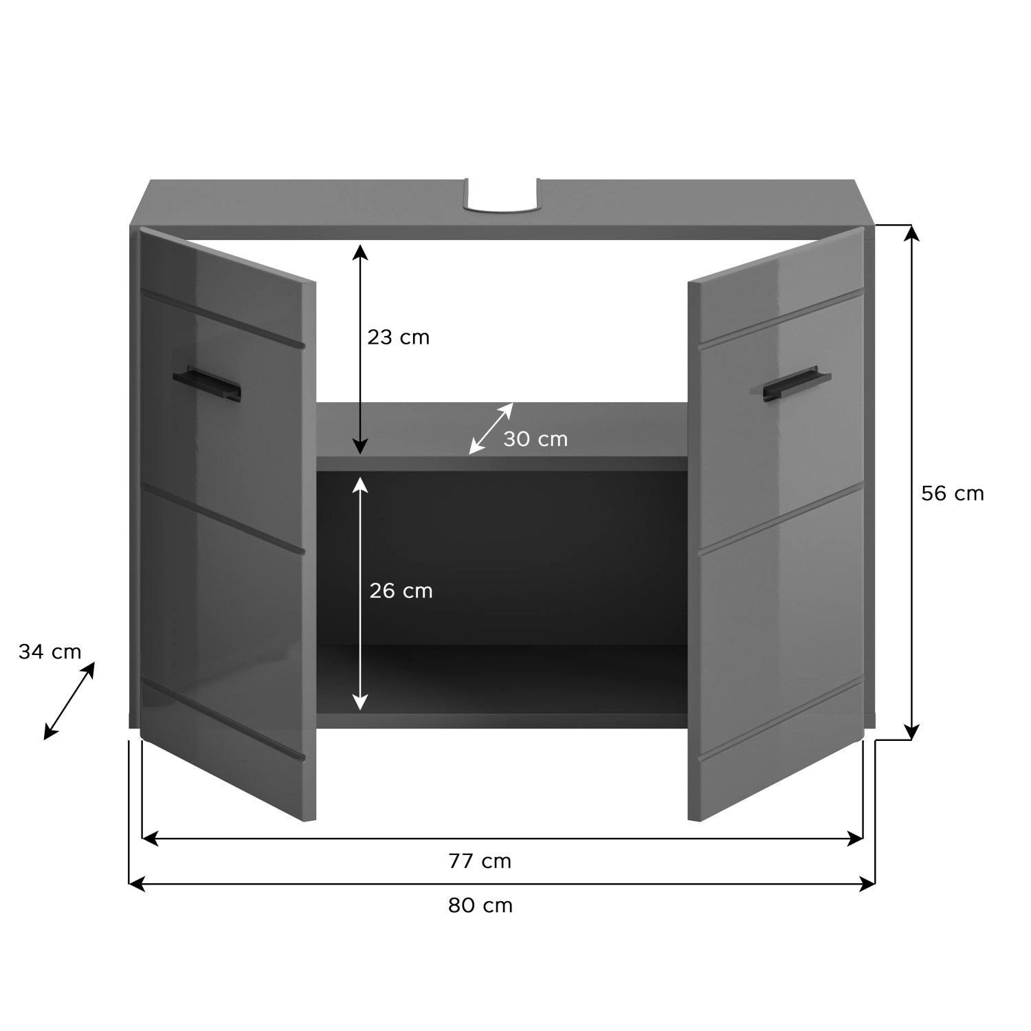 Waschbeckenunterschrank, 80x56x34 cm, Grau-Grau, mit offenen Türen und Maßen.