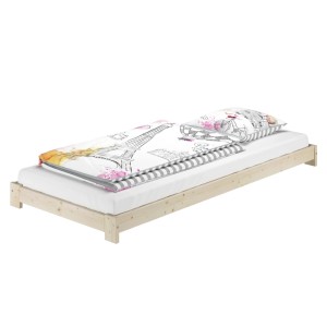 Unbehandeltes Fichte Einzelbett 90x200 cm mit Pariser Bettwäsche. Bodennahes Bett, ideal für Kinderzimmer.