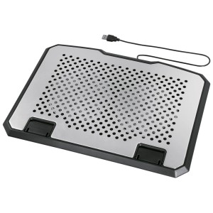 Schwarzer Hama Laptop-Kühler aus Aluminium mit zwei Lüftern und USB-Anschluss.