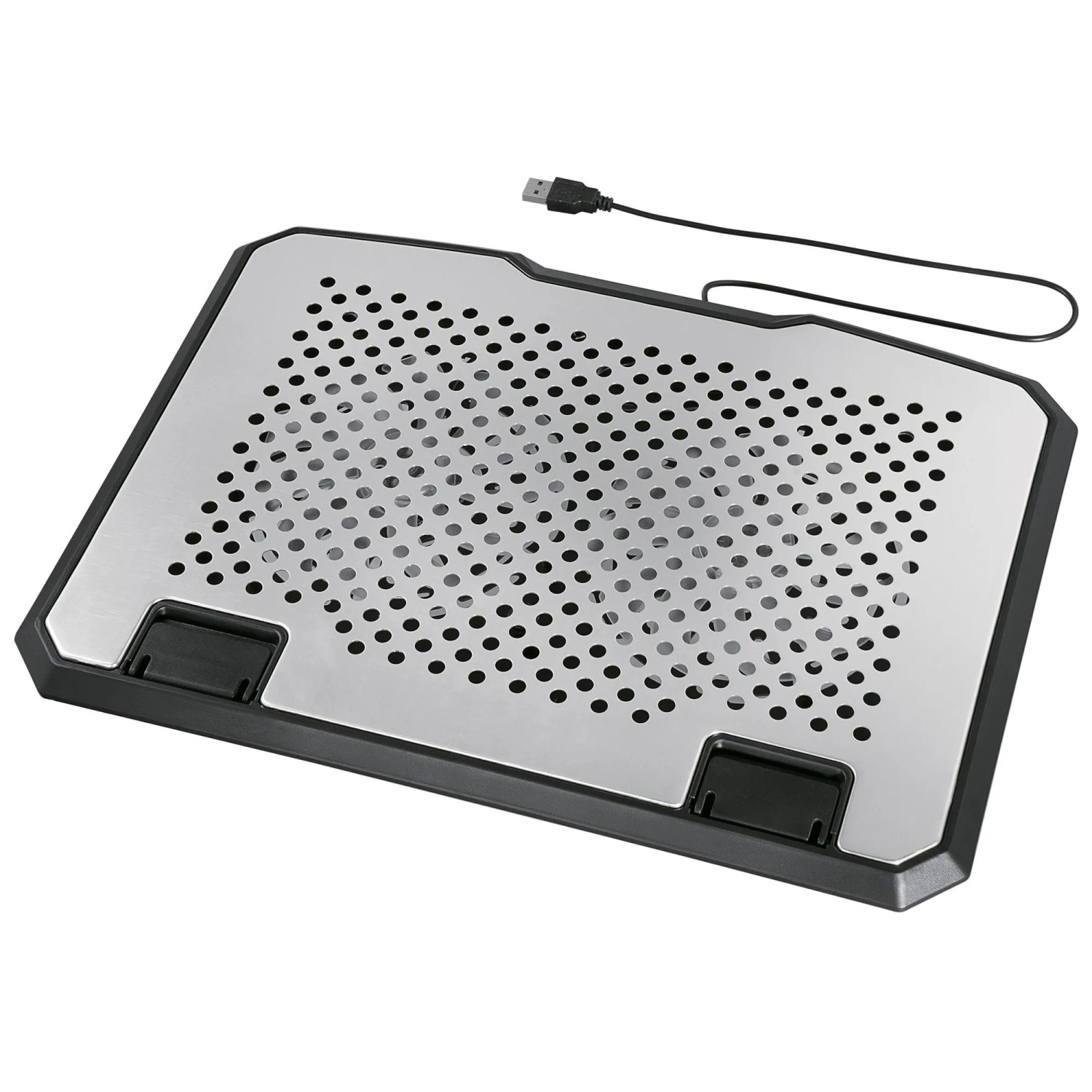 Schwarzer Hama Laptop-Kühler aus Aluminium mit zwei Lüftern und USB-Anschluss.