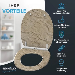 Sanilo WC-Sitz Sand Stone mit Absenkautomatik, Toilettendeckel aus Holz mit Steinmuster.