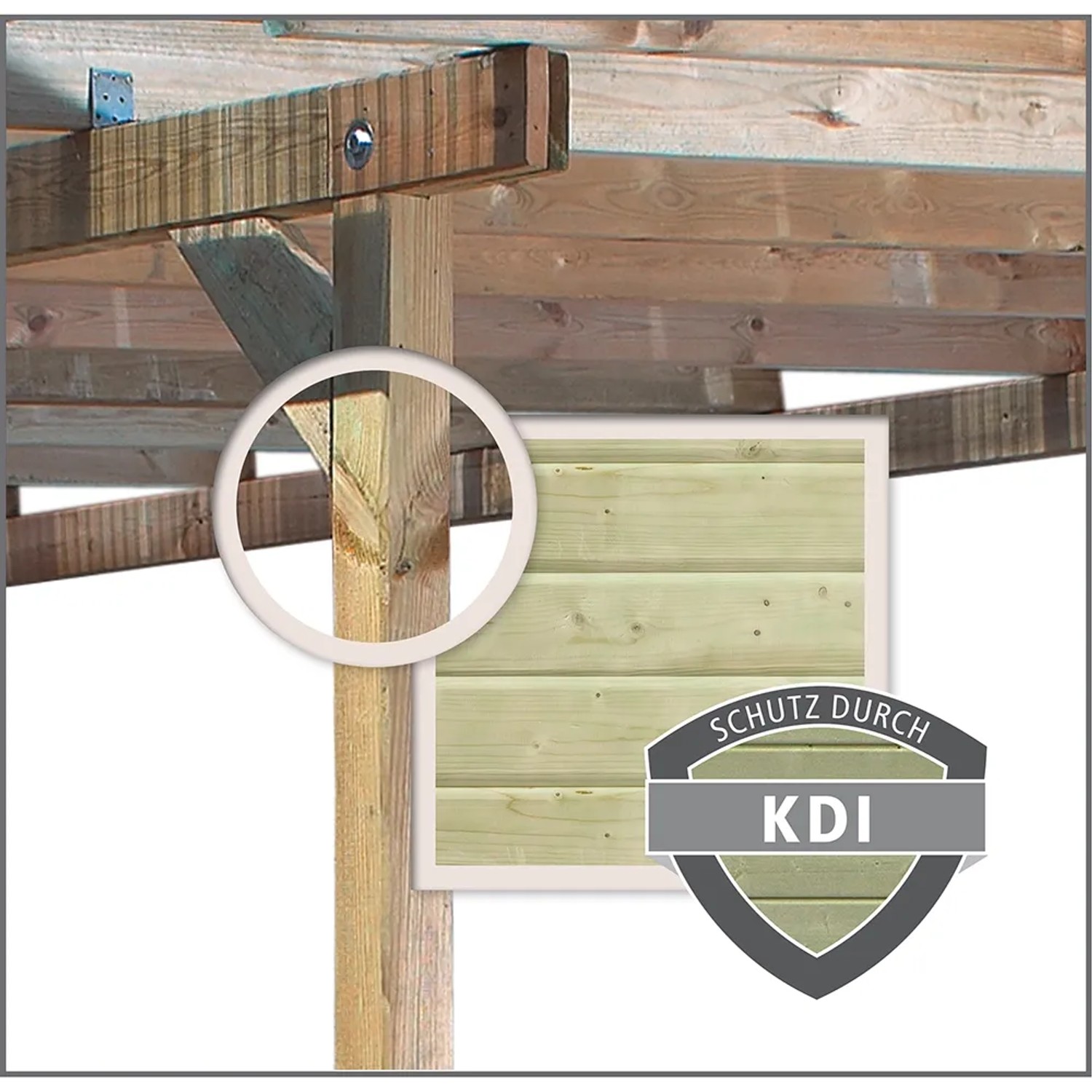 Detailansicht Karibu Pavillon Hedmark 1: Kesseldruckimprägnierte Holzpfosten und -elemente.