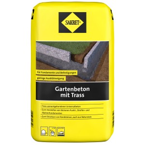 Gelber Sack Sakret Gartenbeton mit Trass 30 kg für Fundamente und Befestigungen im Garten.