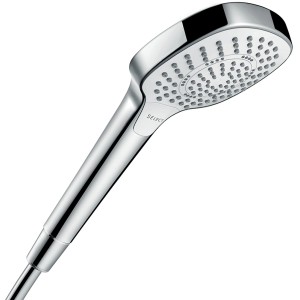 Hansgrohe Croma Select E Multi Handbrause, 3 Strahlarten, weiß-chrom, mit Select-Knopf.