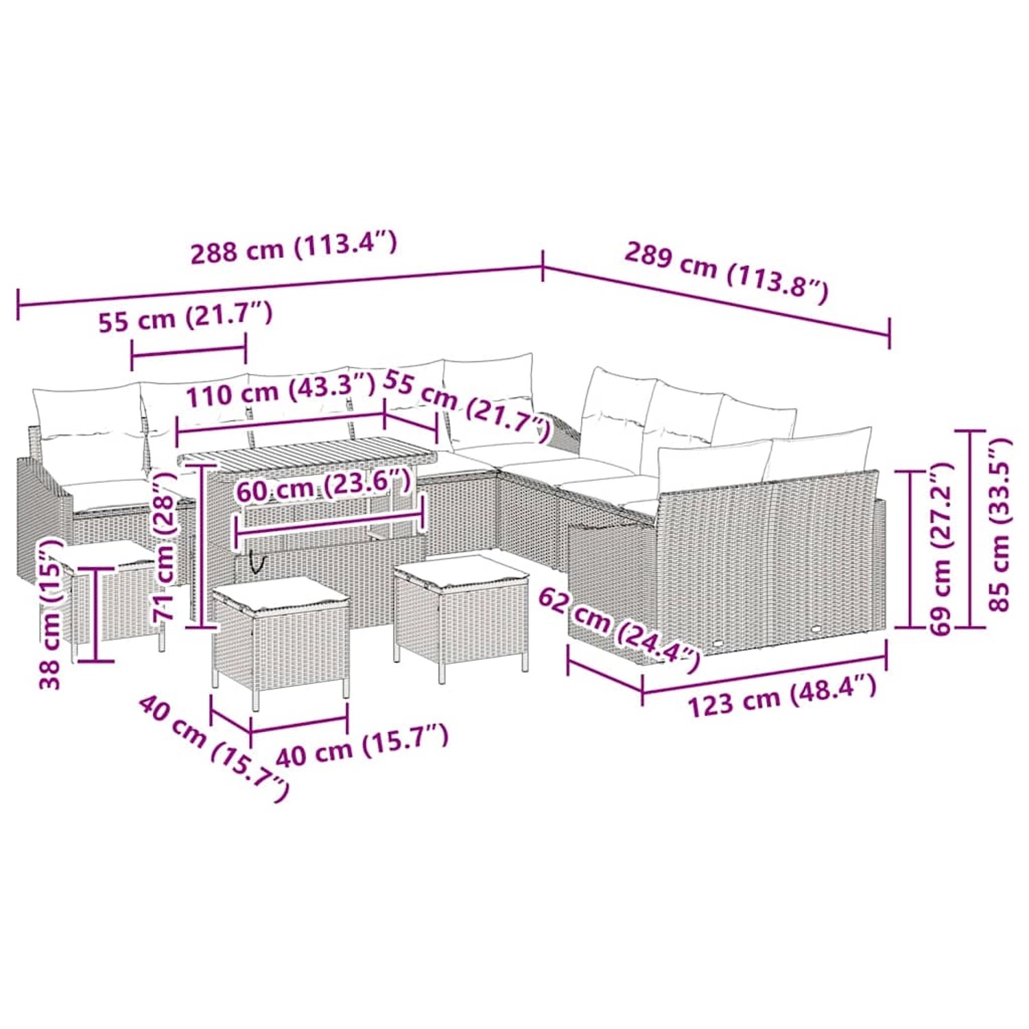 vidaXL Garten-Sofa-Set 14-tlg. Beige Poly Rattan mit Maßen. Gartenmöbel für Terrasse und Garten.