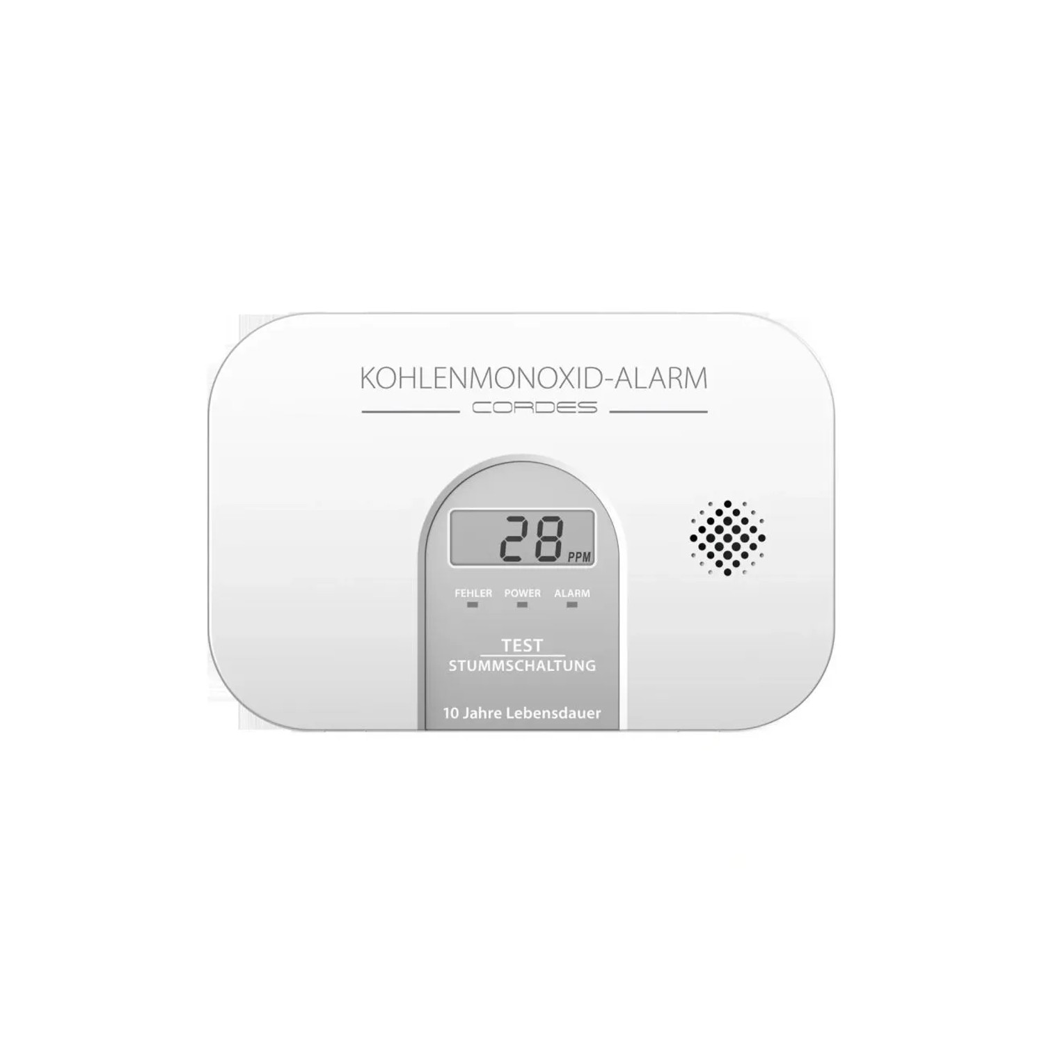 Weißer Kohlenmonoxidmelder mit LED-Display zeigt 28 ppm. Kompaktes Brandschutzgerät mit Alarmfunktion.
