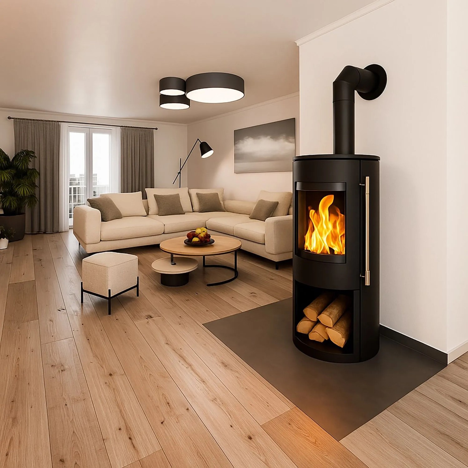 Schwarzer Haas+Sohn Kaminofen Stahl 5,5 kW mit Automatik im Wohnzimmer mit Holzscheiten.