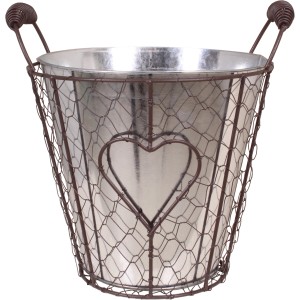 Eimer mit Metallnetz und Herz, 25x16x22 cm, ideal als Übertopf für den Garten.