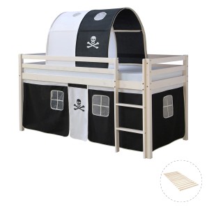 Weißes Homestyle4u Hochbett 90x200 mit Piraten-Vorhang und Tunnel.