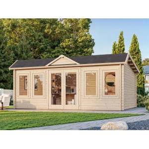 Palmako Gartenhaus Claudia Pent, 530x380 cm, hellbraun, mit Fenster und Doppeltür.