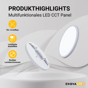 Rundes, weißes LED Panel von ENOVALITE, CCT-fähig, zur Deckenmontage als Einbau- oder Aufbauleuchte.