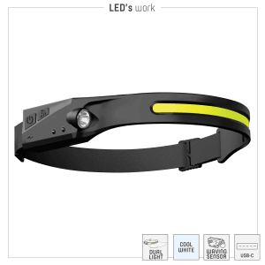 LED Akku-Stirnlampe mit Gestensteuerung, 300lm, 7000K, IPX4, dimmbar. Ideal für Outdoor & Werkstatt.