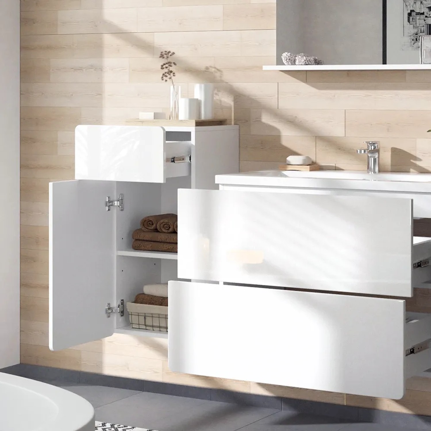 Vicco Midischrank Izan, weiß hochglanz, 37x77cm, mit Schublade und Tür. Badregal für mehr Stauraum.