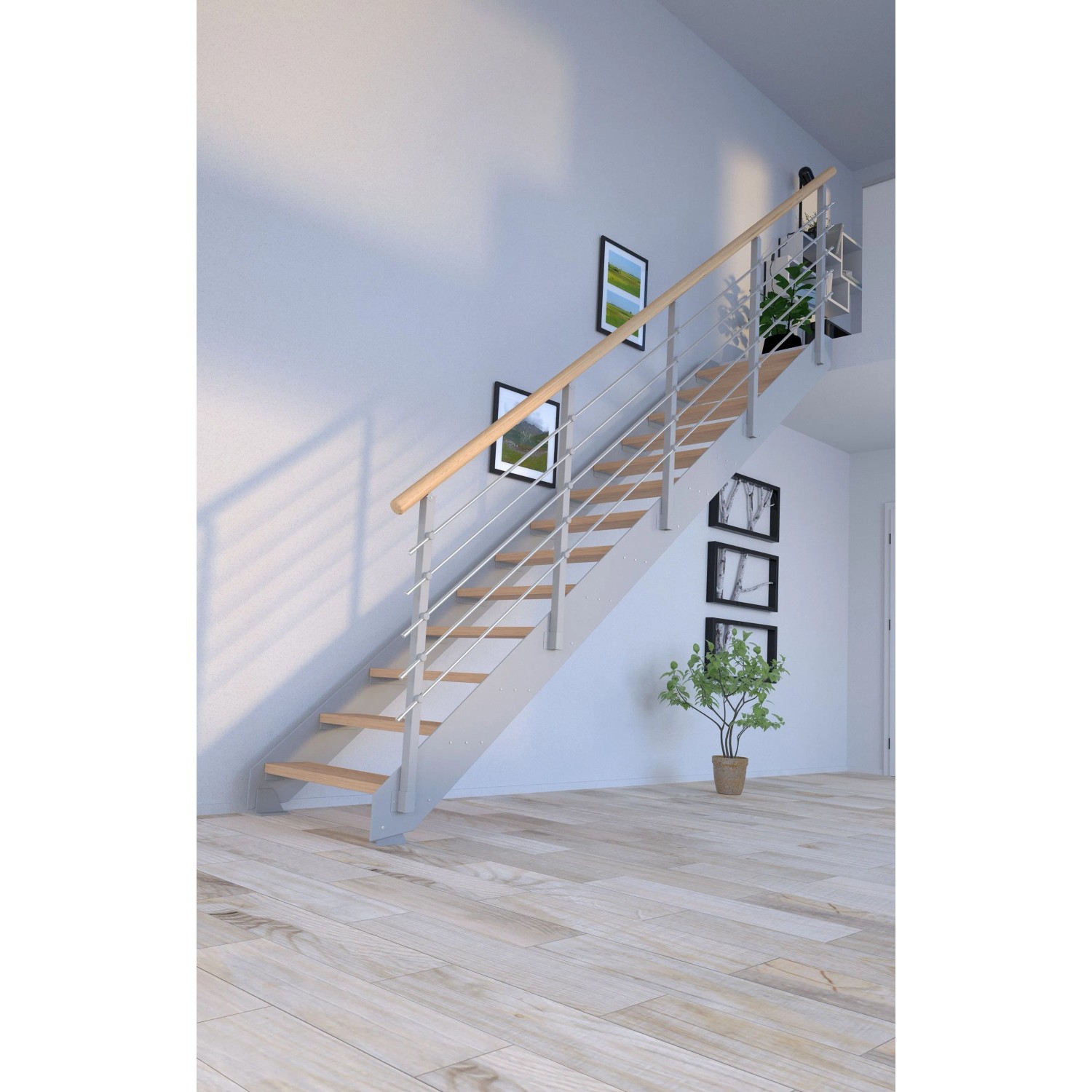 Moderne Innentreppe Kos mit 10 Eiche Natur Stufen, grauem Metallgeländer und Edelstahlstäben.