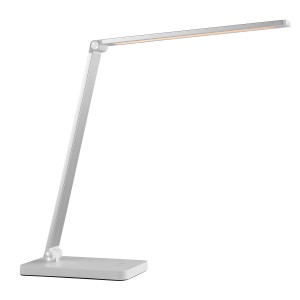Moderne, weiße LED-Tischlampe Lomina, 38 cm hoch, mit verstellbarem Arm für Schreibtisch oder Nachttisch.