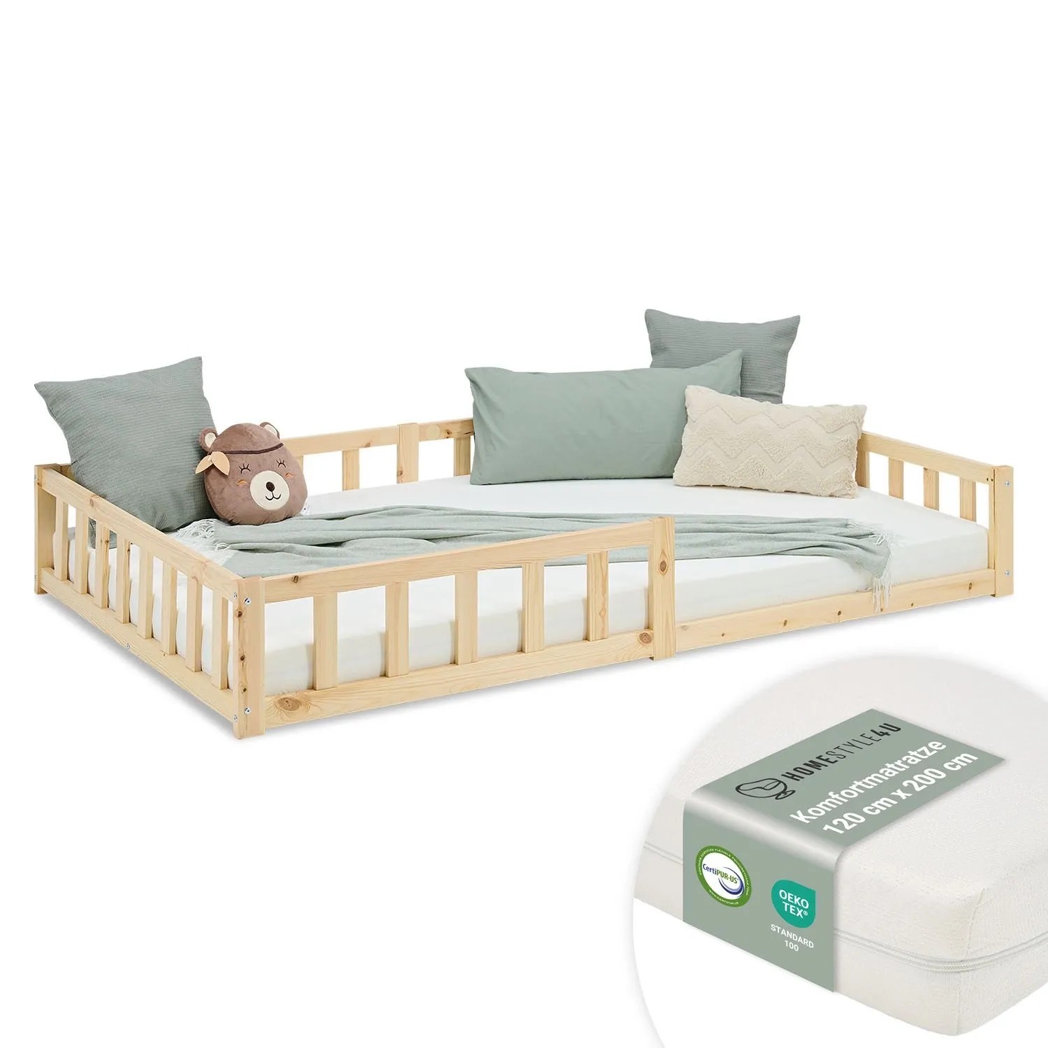 Homestyle4u Kinderbett Natur mit Rausfallschutz 120x200 cm Bodenbett Lattenrost Matratze 3027