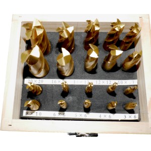 Rotwerk HSS-TiN Fräsersatz, 20-teilig in Holzkiste, mit 2- und 4-Schneider Fräsern.