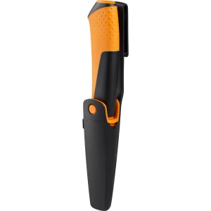 Fiskars Universalmesser mit Messerschärfer und schwarzer Scheide.