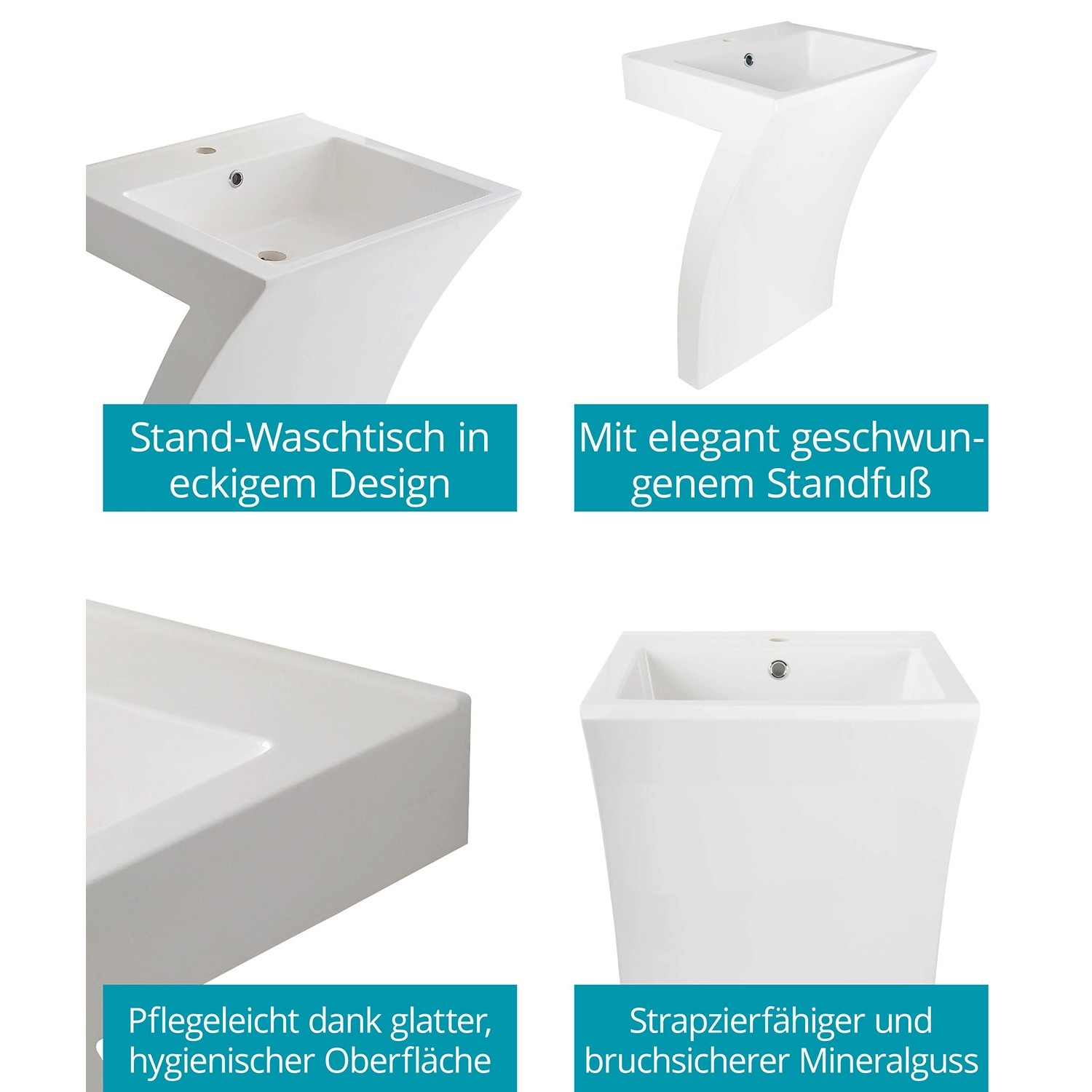 Calmwaters Stand-Waschbecken Modern Square 55 cm Mineralguss Weiß  