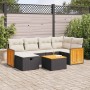 Schwarze 7-tlg. vidaXL Garten-Sofagarnitur mit cremefarbenen Kissen und Akazienholz-Tischplatte.