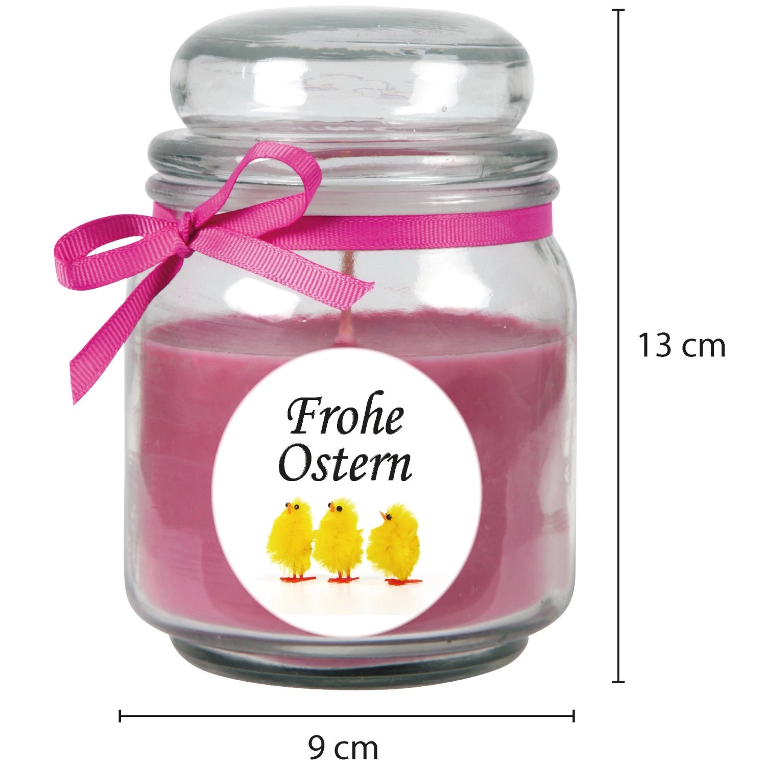 Duftkerze Frohe Ostern im Glas (Ø9cm) mit Lavendelduft und Küken-Motiv.