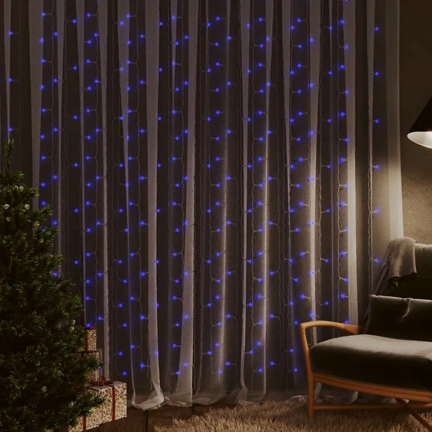 Blauer LED-Lichtervorhang 3x3 m mit 300 LEDs, festliche Weihnachtsdekoration für Innenräume.