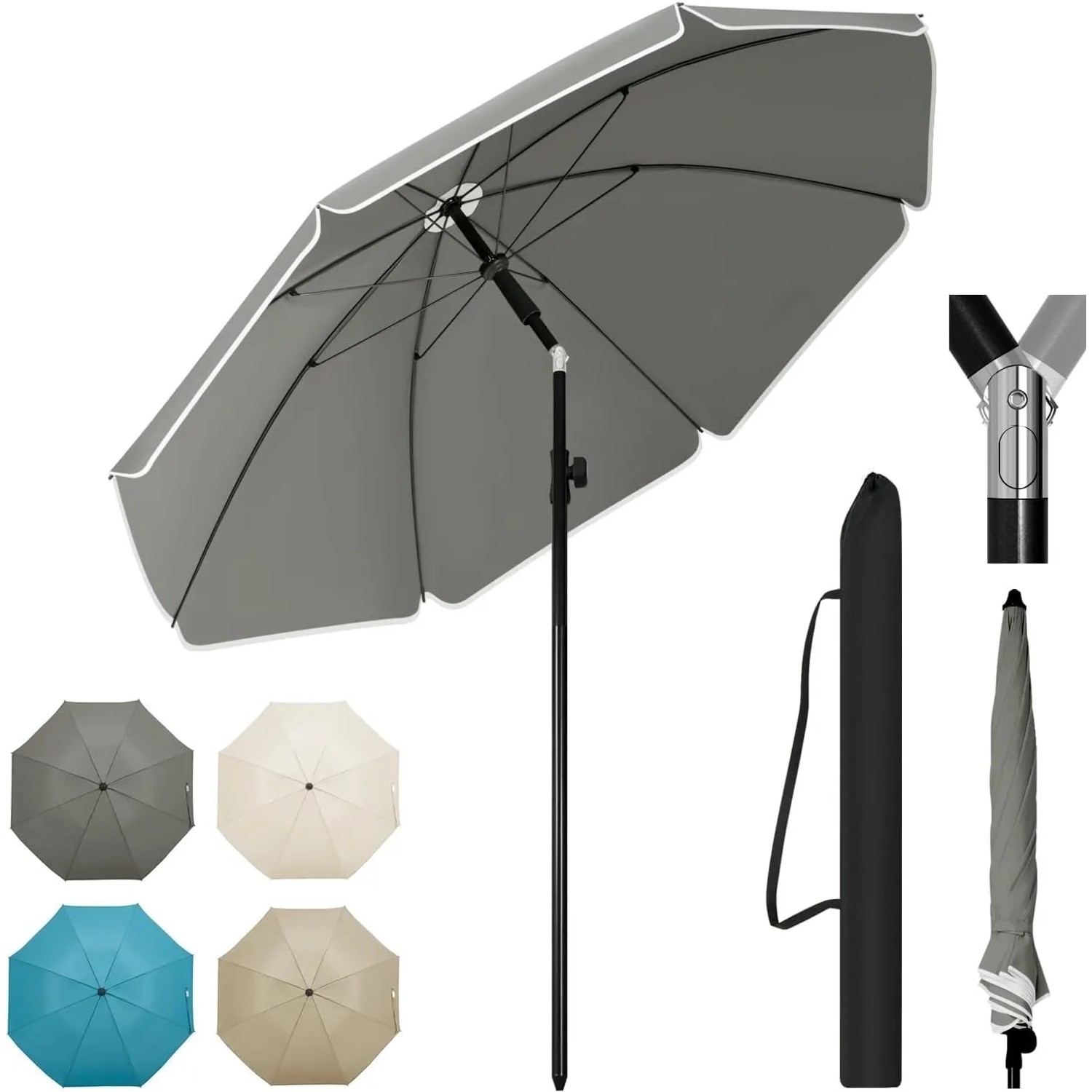 WOLTU Sonnenschirm Strandschirm Höhenverstellbar 45° Knickbar Dunkelgrau 155cm