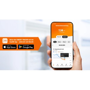 Hand hält Smartphone mit der heyOBI App zur Stromverbrauchsmessung des OBI ENERGY TRACKER.