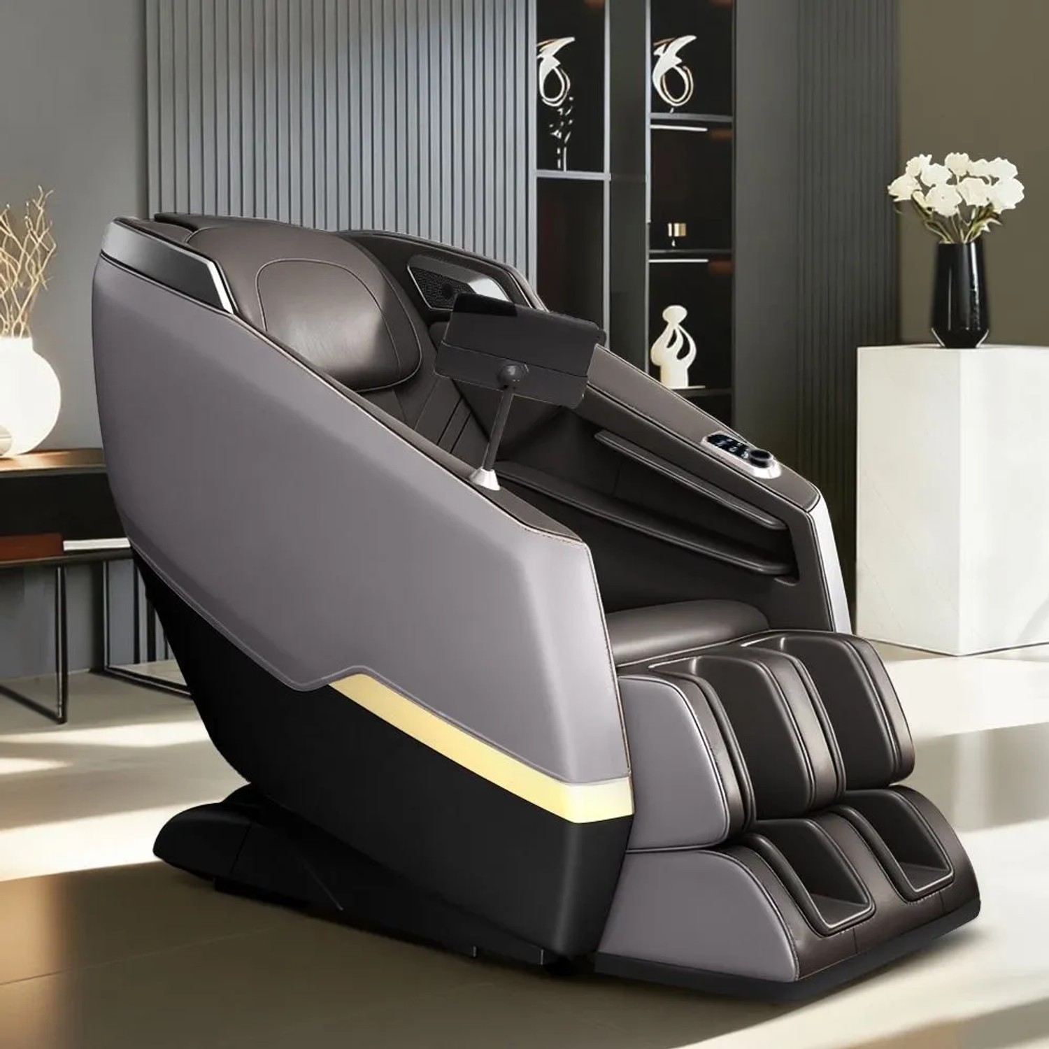 Grauer 360Home Massagesessel mit Zero-Gravity, Heizfunktion und Bluetooth. Moderner Relaxsessel aus Kunstleder für Tiefenmassage.