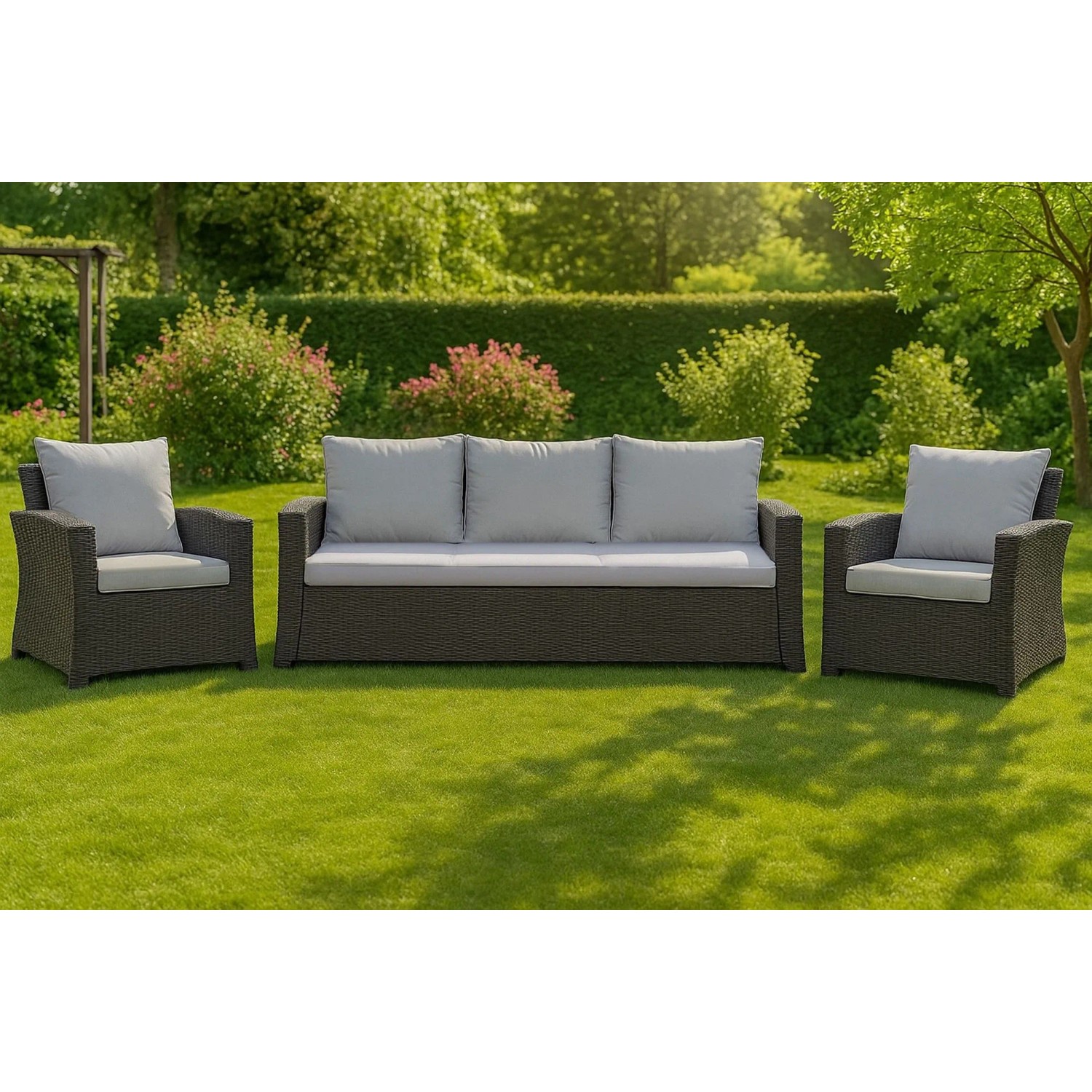 Graues Gartenkissen Set für Polyrattan-Möbel, bestehend aus Sitz- und Rückenkissen für ein 2-Sitzer Gartensofa.