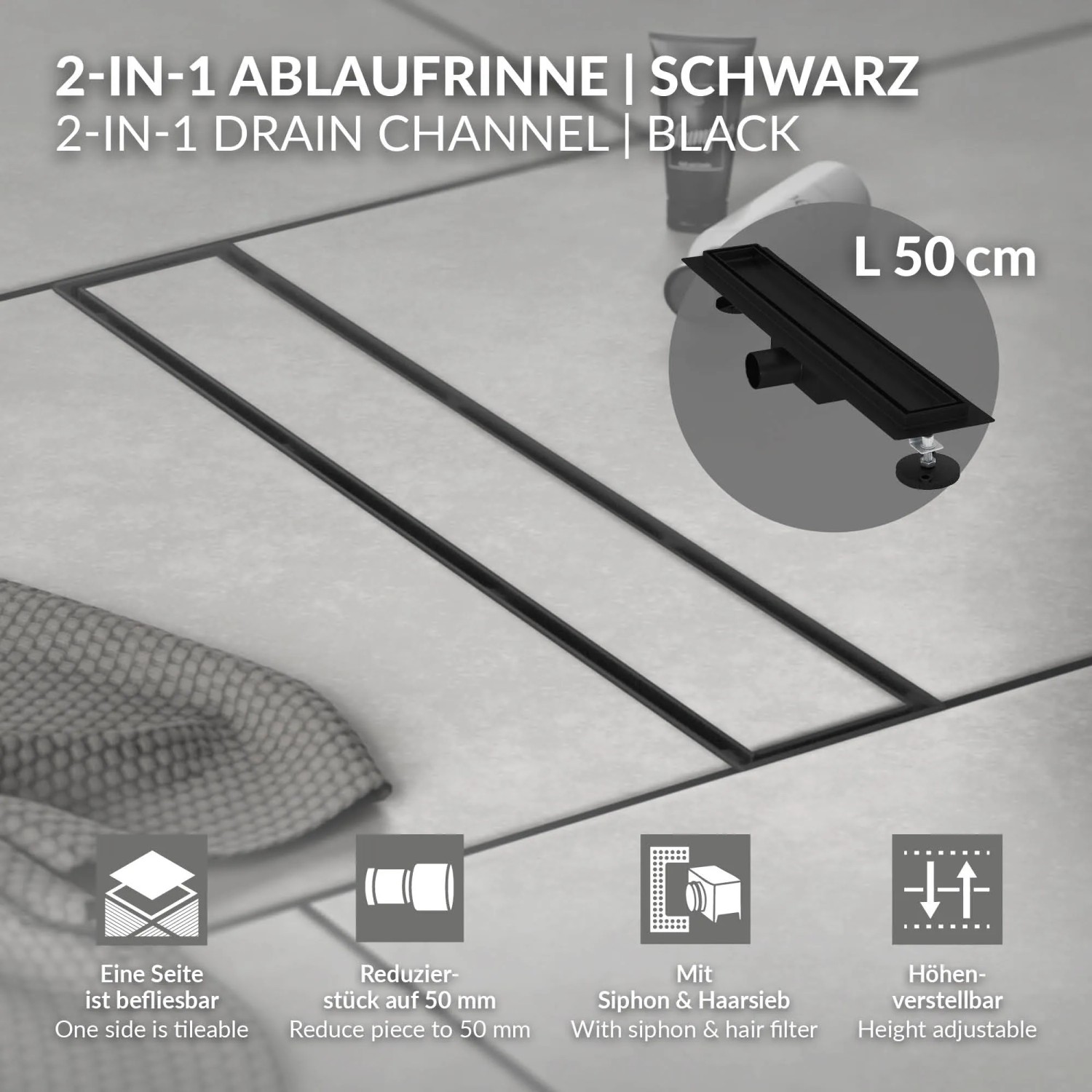 LuxeBath Duschrinne, 50 cm, schwarz, 2in1 befliesbar, extra flach. Duschzubehör für barrierefreies Bad.