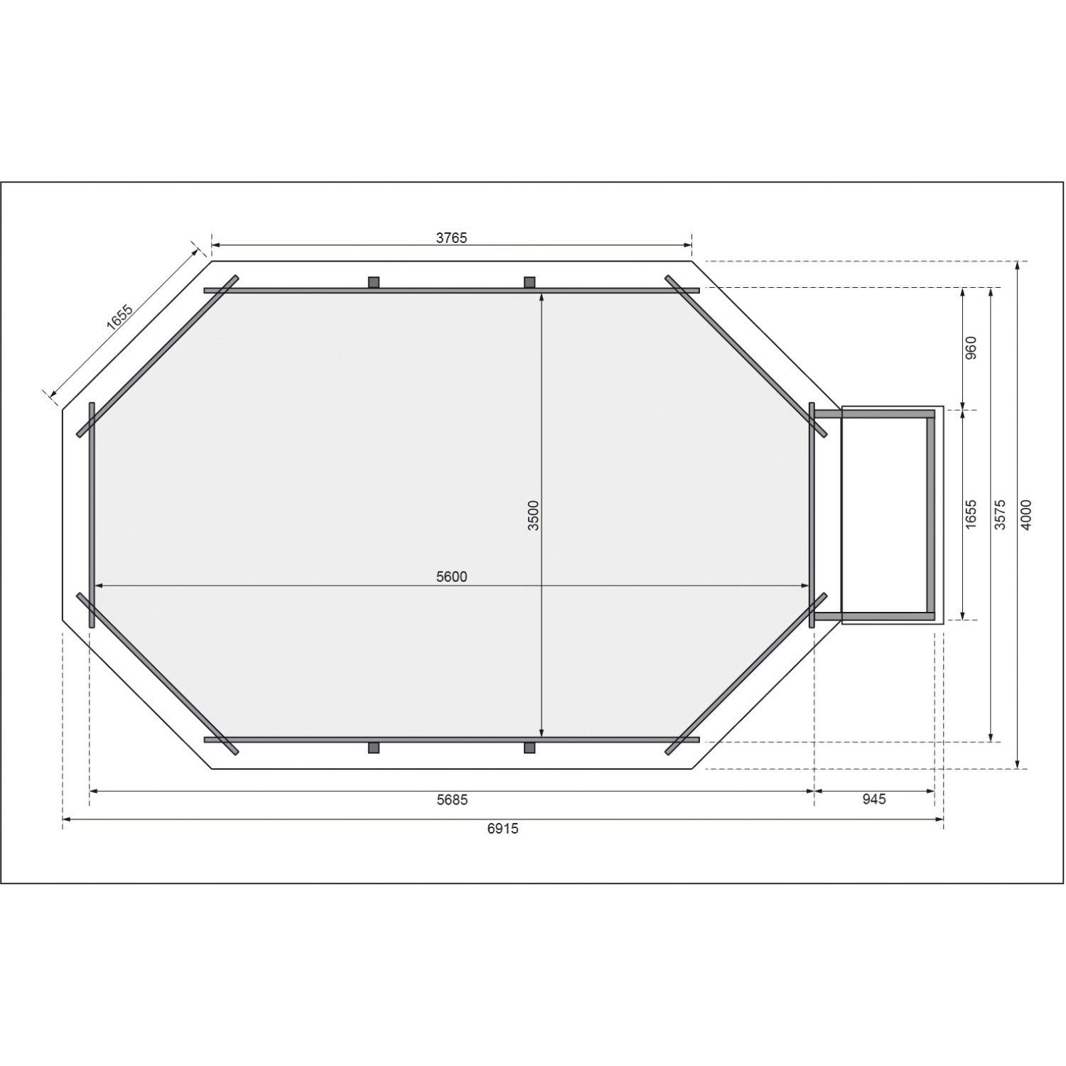 Draufsicht: Karibu Pool 4 Set KDI mit Sonnenterrasse B, Maße und Details zum Holzpool.