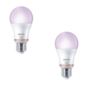Zwei Philips WiZ E27 Smart LED Leuchtmittel, A60, leuchten lila. Dimmbar, farbig, warm- bis kaltweiß.