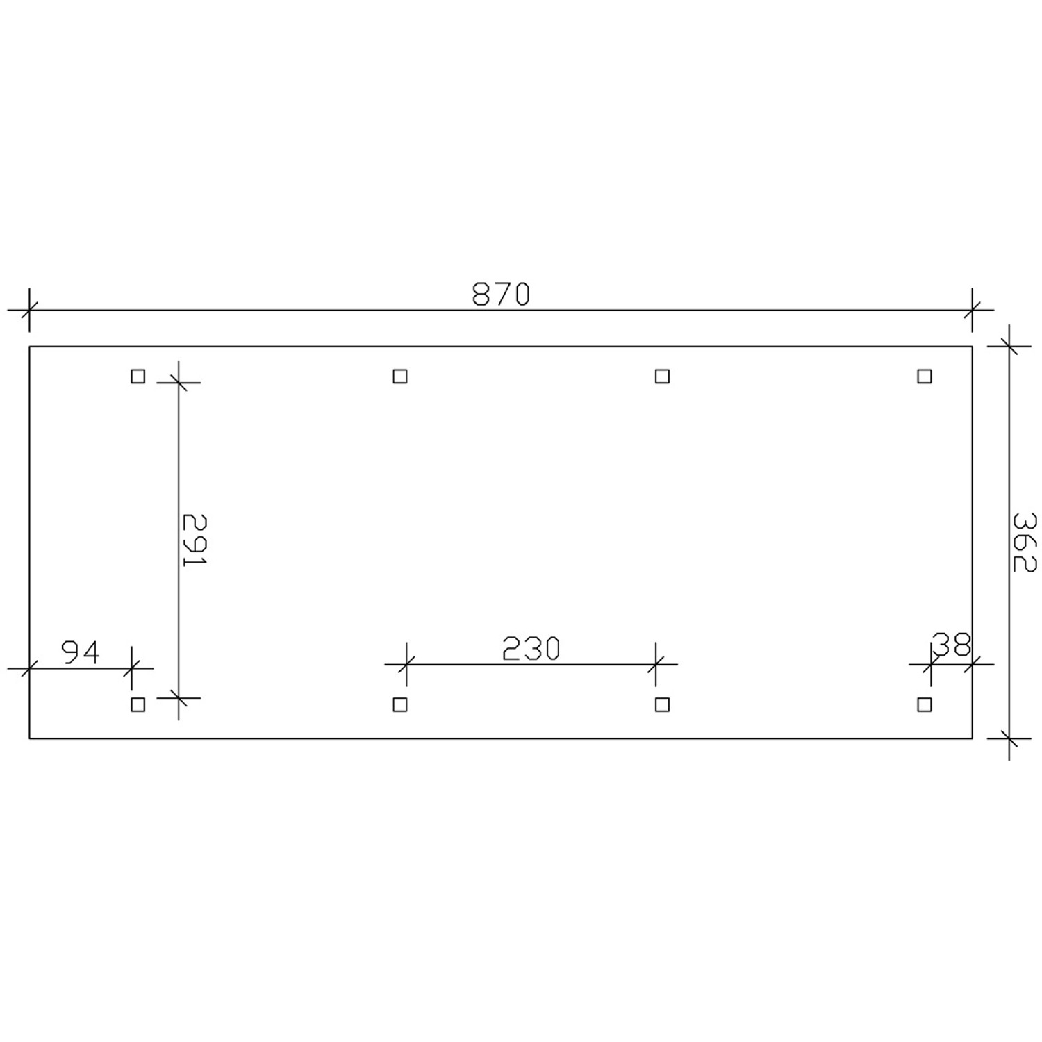 Skizze des Skan Holz Carport Wendland Eiche hell (362x870cm) mit Maßangaben.