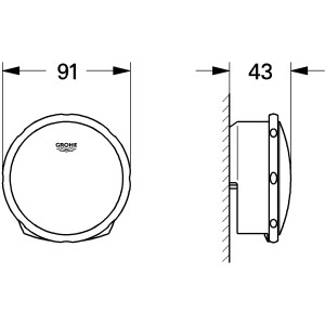 Technische Zeichnung: Grohe Talentofill Wannenarmatur, Ab- und Überlaufgarnitur, Maße 91/43 mm.