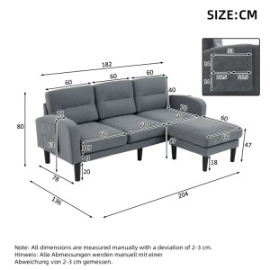 Graues L-Sofa Merax mit Chaiselongue und Maßen 204x136x80 cm, inklusive praktischer Seitentasche.