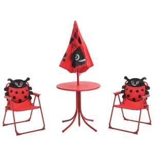 3-teiliges Garten-Bistro-Set für Kinder mit Sonnenschirm, rot, mit Marienkäfer-Motiv.