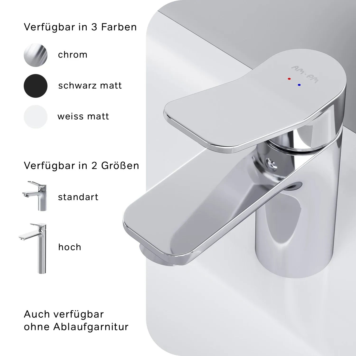 AM.PM Waschtischarmatur X-Joy Chrom, Standard-Größe. Waschbecken Armatur mit Klick-Ablauf.