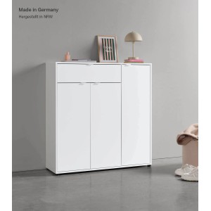 Weißer mokebo Schuhschrank "Der Concierge" mit zwei Türen und Schublade. Flurschrank oder Sideboard.