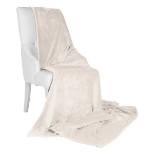 Beautissu Aurelia Decke 150x200cm in Natur auf einem Stuhl, flauschige Wohndecke.