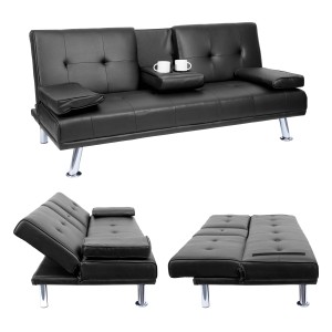 Schwarzes 3er-Sofa F60 aus Kunstleder mit Tassenhalter und Schlaffunktion.