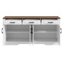 Weißes Merax Sideboard mit brauner Platte, 3 offenen Schubladen und 4 offenen Türen, die Stauraum mit Einlegeböden zeigen.