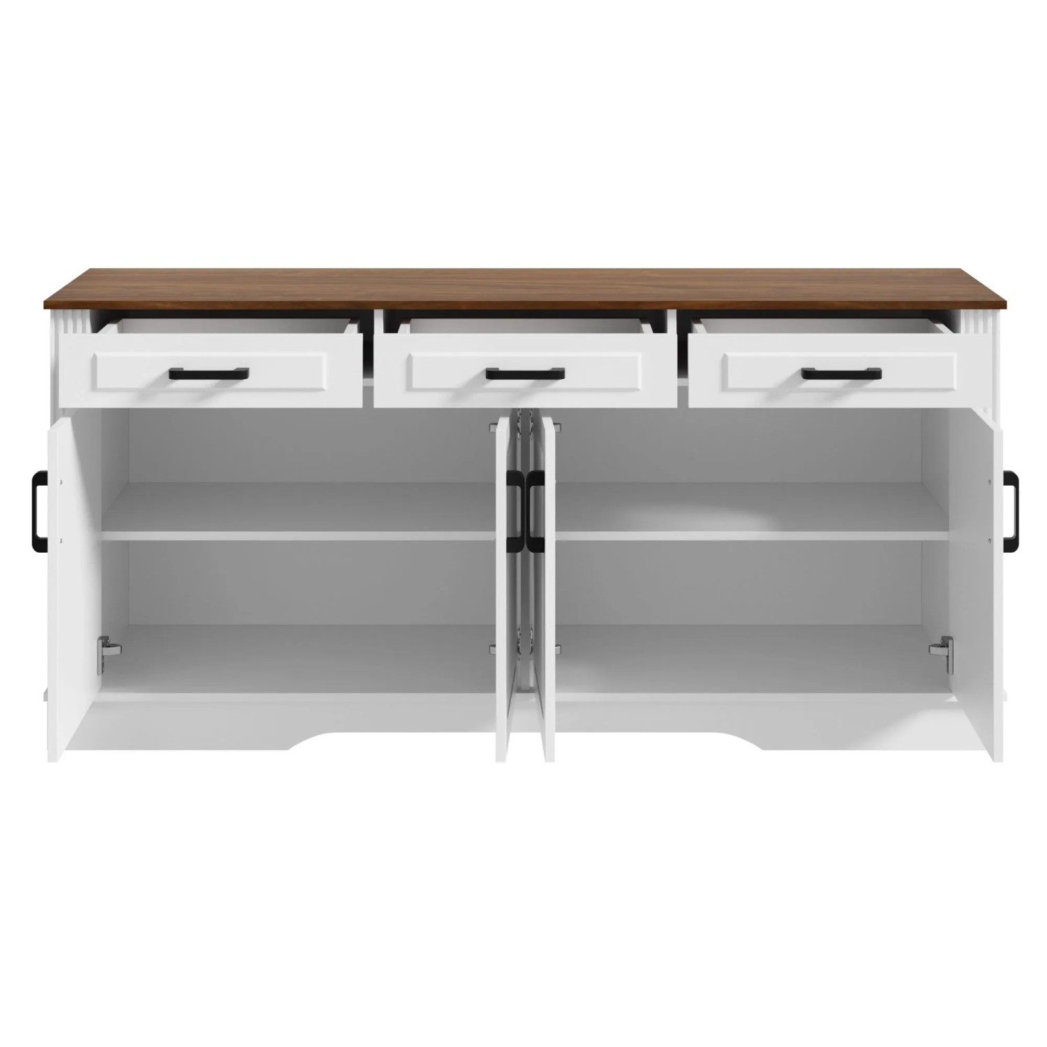 Weißes Merax Sideboard mit brauner Platte, 3 offenen Schubladen und 4 offenen Türen, die Stauraum mit Einlegeböden zeigen.