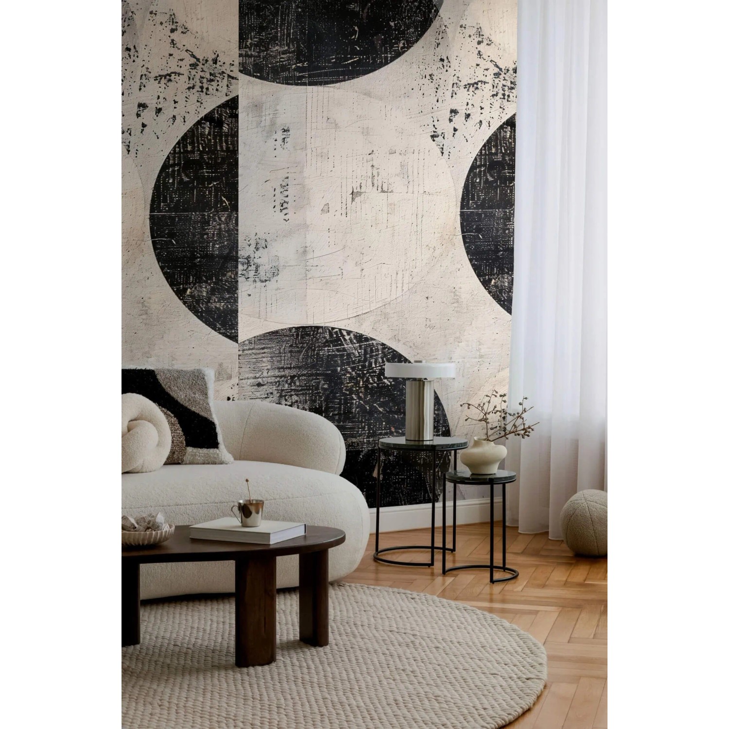 PROFHOME Fototapete mit geometrischem Muster in Schwarz, Weiß und Beige im Wohnraum.